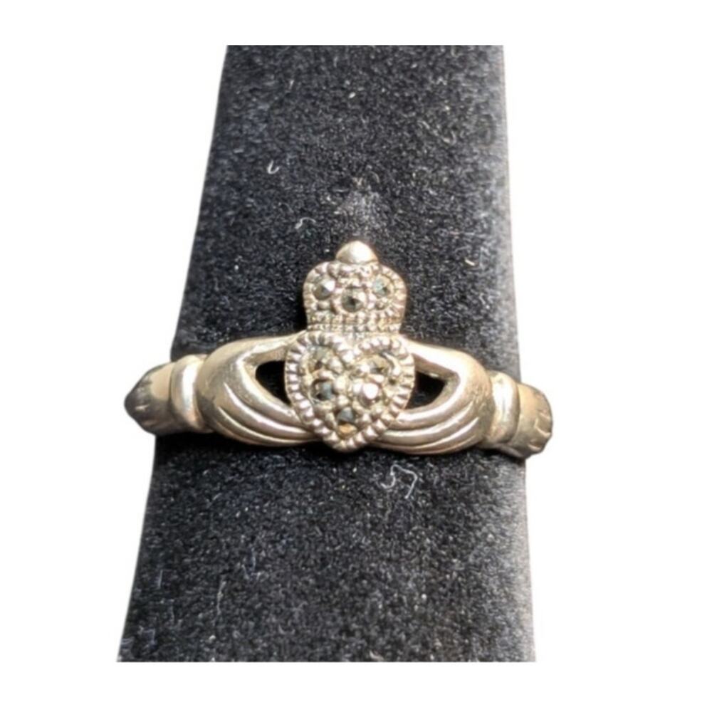 Vintage Sterling Silver Marcasite Claddagh Irish Wedding Band Ring Size 8